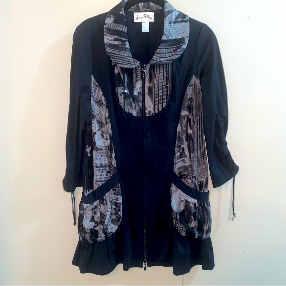 Joseph Ribkoff, beautiful tunics with pockets and ties, black and grey.
